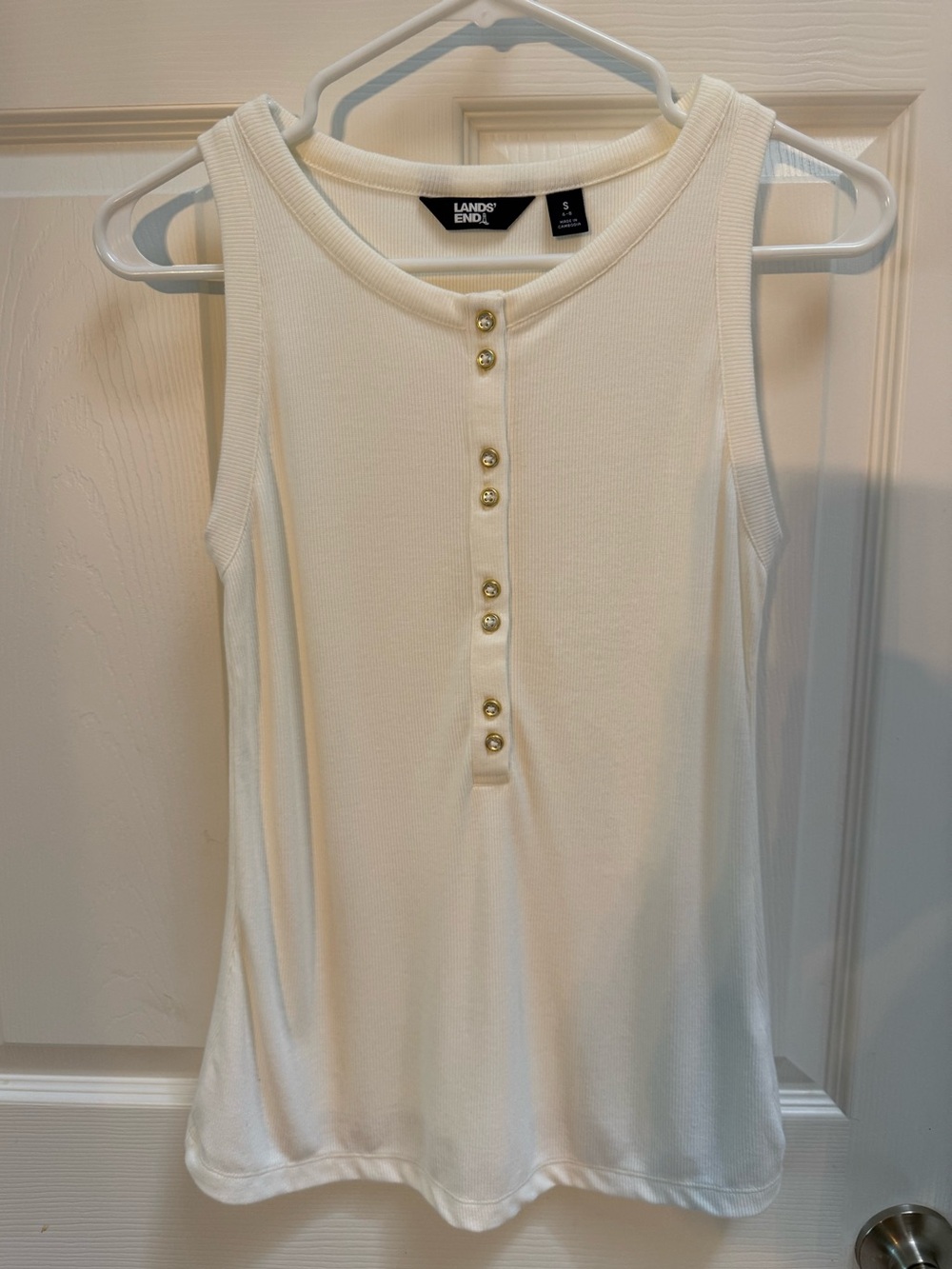 Lands' End Ivory Ribbed Henley Tank with Gold Buttons